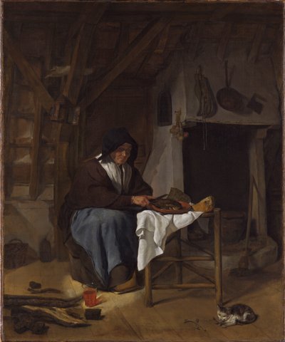 Vieille femme à son repas dans un intérieur - Gabriel Metsu