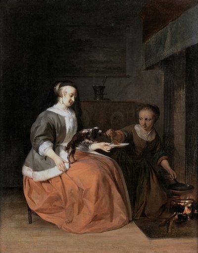 Jeune femme et servante donnant une crêpe à un chien - Gabriel Metsu