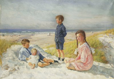 Erik, Else, Ove et Birthe Schultz sur une plage - Gabriel Oluf Jensen
