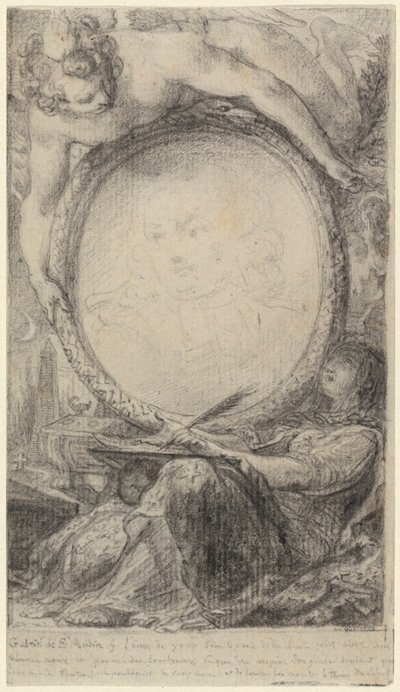 Cadre allégorique avec un génie et une femme voilée écrivant, vers 1769 (craie noire sur papier) - Gabriel de Saint-Aubin