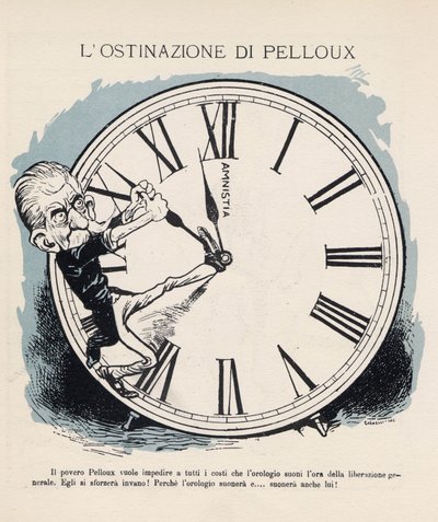 Caricature du président du Conseil des ministres italien Luigi Pelloux (1839-1924) cherchant par tous les moyens à retenir l