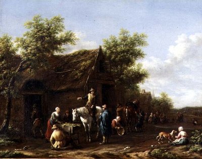 Voyageurs reposant leurs chevaux près d