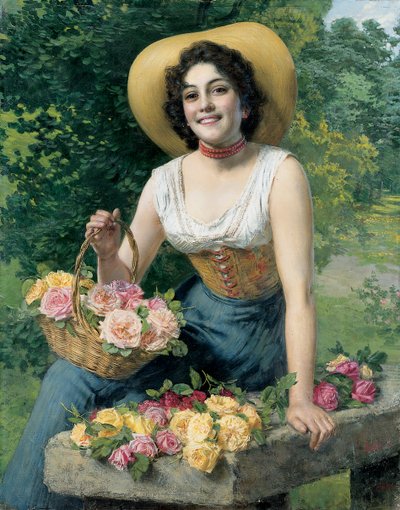 Une beauté tenant un panier de roses - Gaetano Bellei