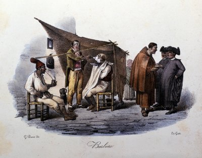 Petit métier de la ville de Naples : un barbier ambulant discutant dans la rue. Lithographie de G. Dura - Gaetano Dura