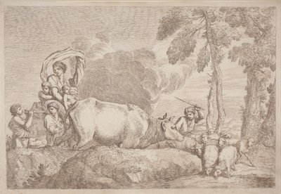 Une femme avec deux enfants à cheval - Gaetano Zompini, after Giovanni Benedetto Castiglione