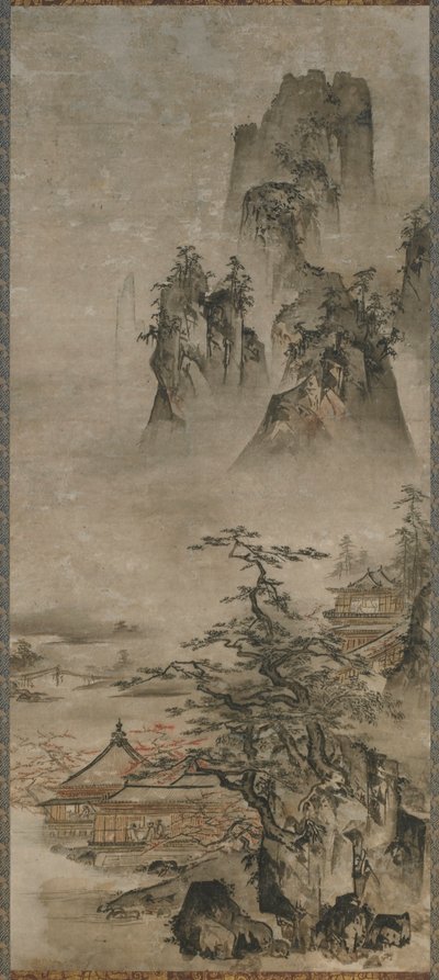 Paysage : montagnes, ruisseau et maisons - Gakuo Zokyu