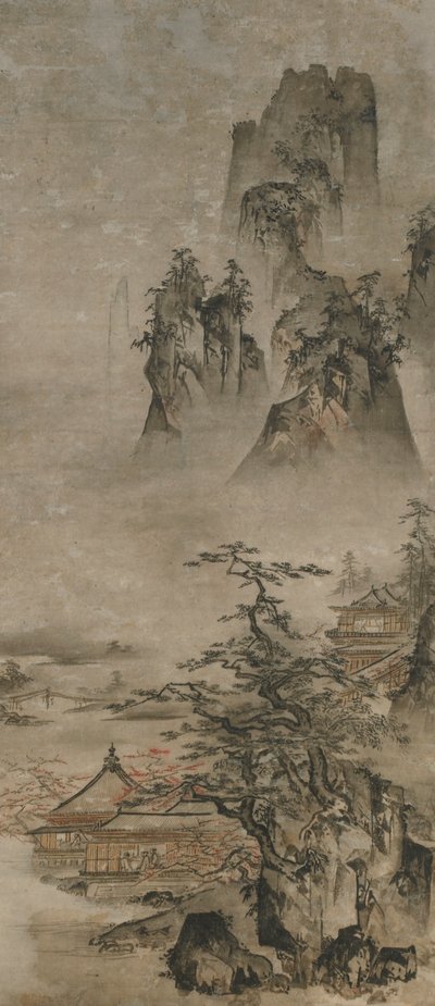 Paysage : montagnes, ruisseau et maisons, période Muromachi, début du 16ème siècle - Gakuo Zokyu