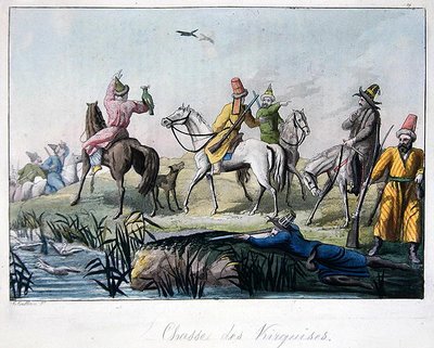 Chasseurs kirghizes tirant et chassant avec des faucons, illustration de 
