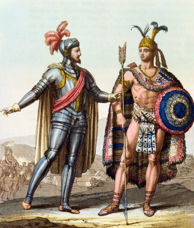 La Rencontre entre Hernan Cortes (1485-1547) et Montezuma II (1466-1520) de 