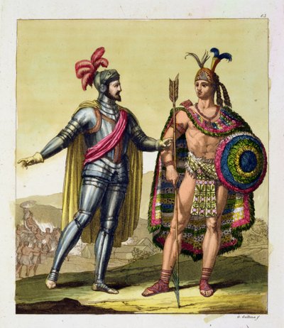 La rencontre entre Hernando Cortes (1485-1547) et Montezuma II (1466-1520), de 