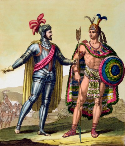 La rencontre entre Hernando Cortes et Montezuma II, Mexique, 1519 c1820-1839 - Gallo Gallina