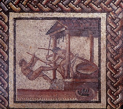 Art gallo-romain : pavement en mosaïque représentant un calendrier rustique. Un pressoir à huile. Fin 2e, début 3e siècle après J.-C. De Saint-Romain-en-Gal (Rhône). Saint Germain en Laye, Musée National d