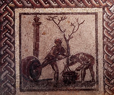 Art gallo-romain : pavement en mosaïque représentant un calendrier rustique. Scène de jarre. Fin 2e, début 3e siècle après J.-C. De Saint-Romain-en-Gal (Rhône). Saint-Germain-en-Laye, Musée national d