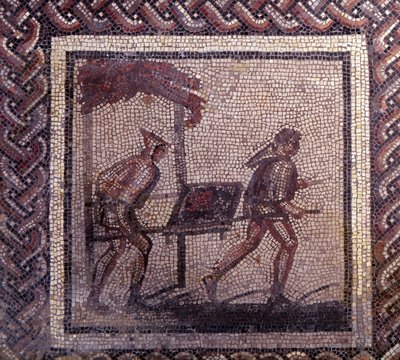 Art gallo-romain : pavement en mosaïque représentant un calendrier rustique. Scène de transport de fumier. Fin IIe, début IIIe siècle après J.-C. De Saint-Romain-en-Gal (Saint-Romain-en-Gal, Rhône). Saint-Germain-en-Laye, Musée National d