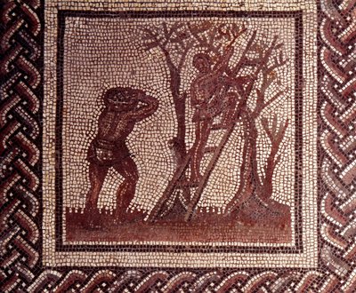 Art gallo-romain : pavement en mosaïque représentant un calendrier rustique. Scène de cueillette d