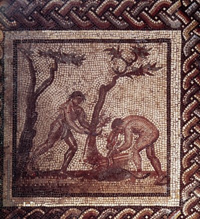 Art gallo-romain : pavement en mosaïque représentant un calendrier rustique. Scène de chaume. Fin 2e, début 3e siècle après J.-C. De Saint-Romain-en-Gal (Rhône). Saint-Germain-en-Laye, Musée national d