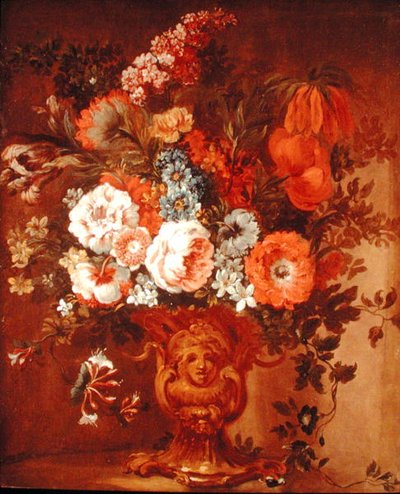 Roses, coquelicots, chèvrefeuille, giroflées et autres fleurs dans un vase sculpté - Gaspar Peeter The Elder Verbruggen