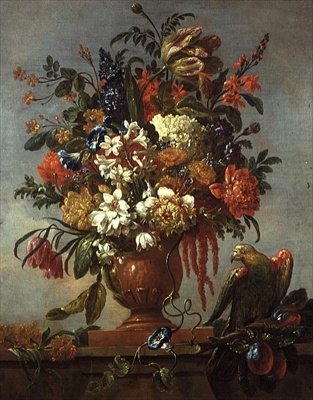 Nature morte de fleurs dans une urne, avec un perroquet rouge - Gaspar Pieter II Verbruggen