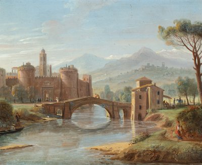 Paysage fluvial avec un pont menant à une ville fortifiée (huile sur cuivre) - Gaspar van (1653-1736) Wittel