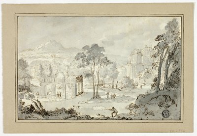 Chasseur avec chien, autres figures dans un paysage avec villa, canal, pyramide - Gaspar van Wittel