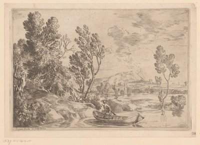 Paysage fluvial avec homme dans une barque - Gaspard Dughet