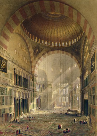 Haghia Sophia, planche 24 : intérieur du dôme central avec lustres abaissés (gravé par Louis Haghe) publié en 1852 - Gaspard Fossati