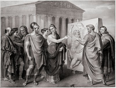 Le politicien athénien Périclès (495-429 av. J.-C.) et Aspasie, sa compagne, dirigent le travail de Phidias pour le Parthénon à Athènes (gravure) - Gaspare Landi