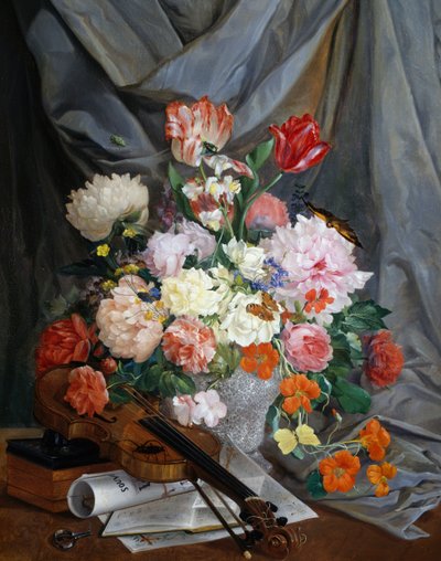 Nature morte avec vase de fleurs coupées et violon - Gaspare Mattioli