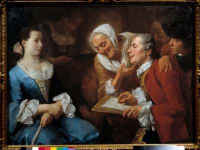 Un peintre et son modèle, derrière lui une vieille femme tend le cou pour regarder son dessin - Gaspare Traversi