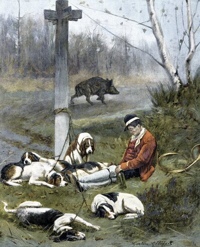 Le chasseur et ses chiens endormis - gravure par Gaston Gelebert - Gaston Gelibert