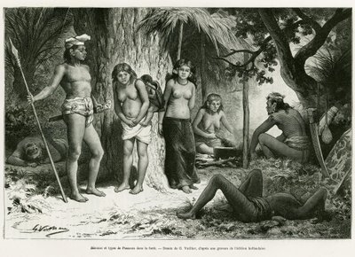 Bivouac et types de Lung dans la forêt. Gravure de G. Vuillier, pour illustrer l