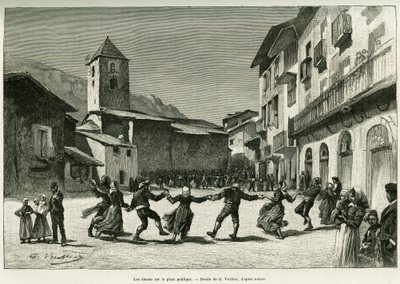 Danses sur la place publique. Gravure pour illustrer l