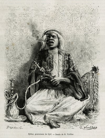Portrait de Djohar, gouverneur du djof, fumant le narguilé (illustration de l