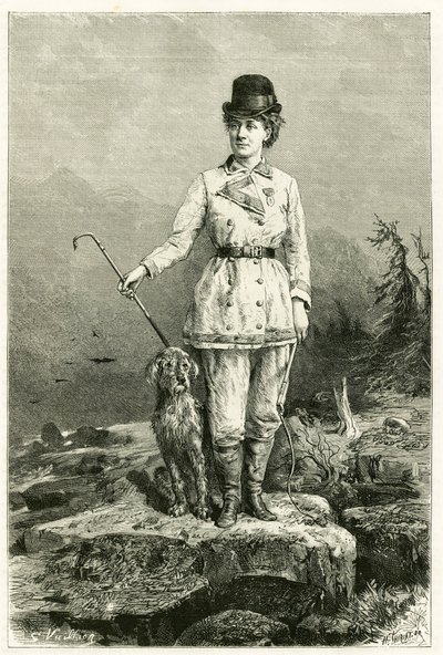 Portrait de Madame Marie De Ujfalvy-Bourdon, en tenue de voyage, avec son chien, mariée à l
