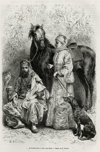 Portraits de M. Wilfrid Blunt (1840-1922), poète et écrivain, et de sa femme, Lady Anna Blunt (née King Noel (King Noel) 1837-1917), la première femme européenne à explorer le Moyen-Orient, portant une tenue de voyage, devant l