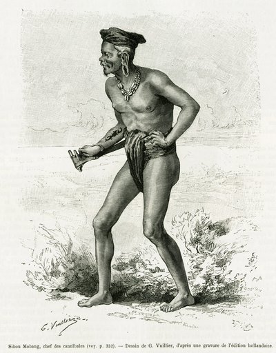 Sibou Mobang, chef des cannibales. Gravure par G. Vuillier, pour illustrer l