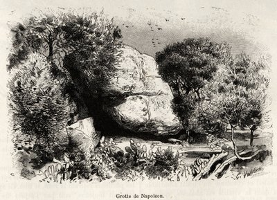 La grotte Napoléon, où Napoléon Bonaparte (1769-1821) aimait se réfugier enfant pour étudier et méditer. Gravure et histoire La Corse par Gaston Vuillier (1845-1915), en 1890, dans Le tour du monde, nouveau journal des voyages, sous la direction d