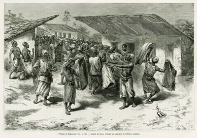 Le village de Bakourou, les indigènes reçoivent des cadeaux pour les négociations de paix. Gravure par G. Vuillier, pour illustrer l