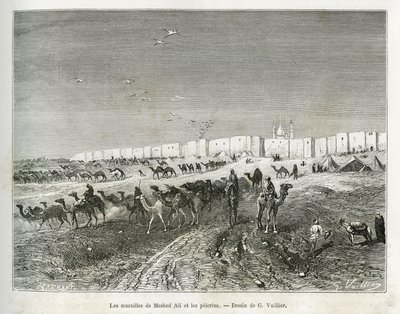 Les murs de Meshed Ali (Ali Ibn Abi Talib, mort en 661, cousin, disciple et gendre de Muhammad (570-632)) sont situés dans la mosquée de Najaf (Irak) et les pèlerins se rassemblent pour célébrer le premier et père de tous les imams. Gravure de G. Vuillier - Gaston Vuillier