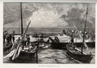 Pêche au thon (mattanza) : la chambre de la mort, les thons pressés dans un espace restreint sont couverts par les harpons des pêcheurs. Gravure et histoire "La Sardaigne" par Gaston Vuillier (1845-1915), en 1890, dans "Le tour du monde, nouveau journal de - Gaston Vuillier