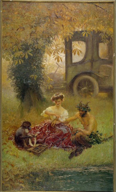Une jeune femme assistée par un singe soigne un animal sauvage - Gaston de la Touche