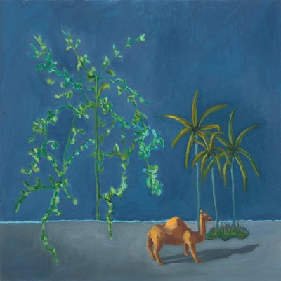 Chameau et deux arbres, 2019 (huile sur carton) - Genevieve French