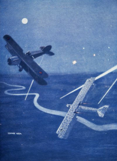 Chasseur de Bristol attaquant un bombardier Gotha allemand au-dessus de Londres de nuit - Geoffrey Watson