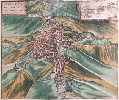 Pérouse, Italie - dans "Civitates Orbis Terrarum" de Georg Braun, Cologne 1617 - Georg Braun