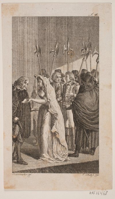Illustration avec une jeune femme donnant une lettre à un homme plus âgé. En arrière-plan, deux hommes entourés de gardes de la ville - Georg Christian Schule