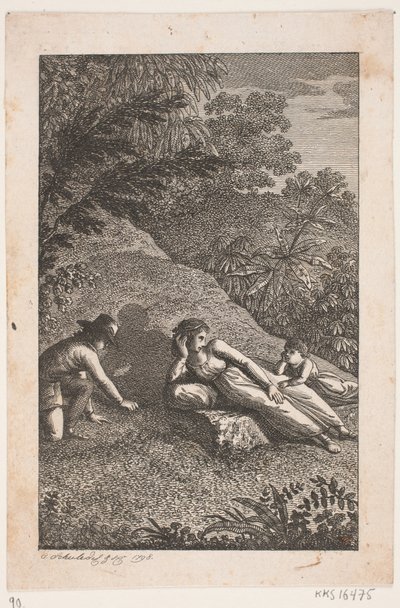 Femme allongée avec garçon et fille dans un paysage - Georg Christian Schule