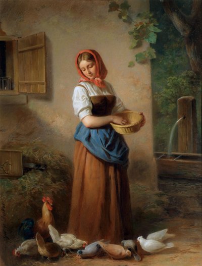 Une fille nourrissant des poules et des pigeons - Georg Decker