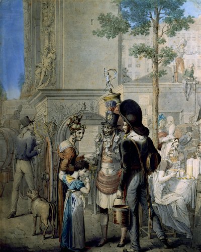 Marchand de noix de coco Porte Saint-Denis à Paris. Ancienne boutique de marchand vendant des coupes de noix de coco dans les rues de Paris. Dessin de l