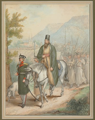 Soldats russes accompagnant un prêtre à cheval - Georg Emanuel Opitz