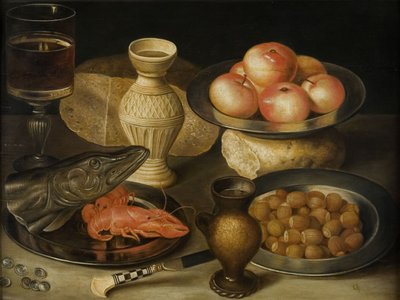 Nature morte avec cruche en grès de Siegburg, verre, couteau, deux pains, début du XVIIe siècle - Georg Flegel